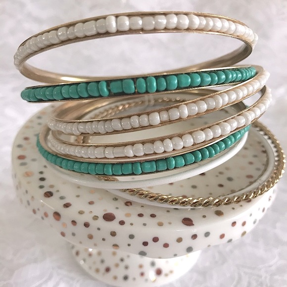 Turquoise, Pearl and Gold Stackable Beaded Bangles - Picture 1 of 1